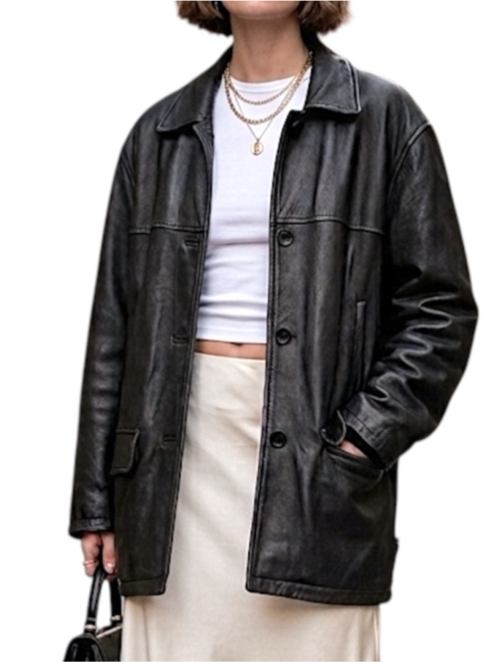 90s Y2K oversized Canadian made worn in distressed boxy black leather coat S